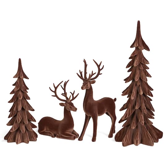 Glitzhome; Glitzhome® Brown Flocked Reindeer Christmas Table Décor Set; Category:Christmas Tabletop Decor; Image:1
